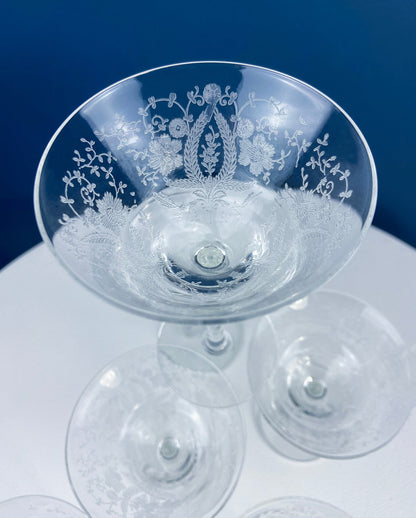 Vintage New Martinsville Tall Sherbet Champagne Glasses. Set of 7 Prelude Etched Stemware. Highly Collectible Barware. Wedding Registry. - Tampa Home & Garden Store