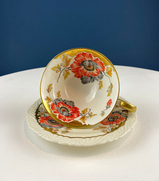 Vintage OST Mark SF Tea Cup with Saucer. Stunning Hand Painted Poppies and Rich Gold Rim. Collectible Tea Set. Wedding Gift. Cottagecore. - Tampa Home & Garden Store