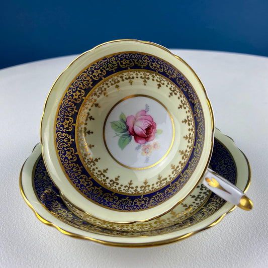 Vintage Paragon Cup and Saucer. Porcelain Tea Set. Lt Yellow with Dark Blue and Gold Bend. Rose Motif.  Excellent Gift Idea for Tea Lover. - Tampa Home & Garden Store