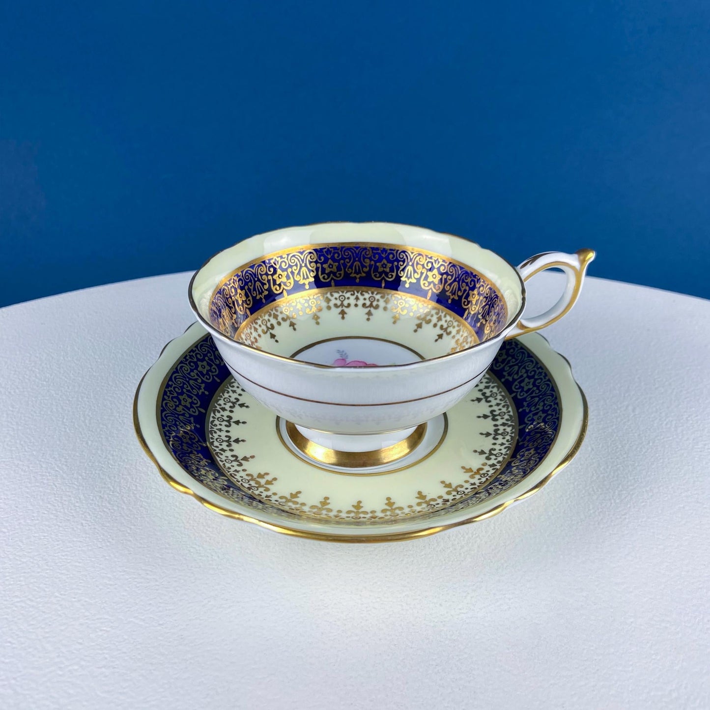 Vintage Paragon Cup and Saucer. Porcelain Tea Set. Lt Yellow with Dark Blue and Gold Bend. Rose Motif.  Excellent Gift Idea for Tea Lover. - Tampa Home & Garden Store