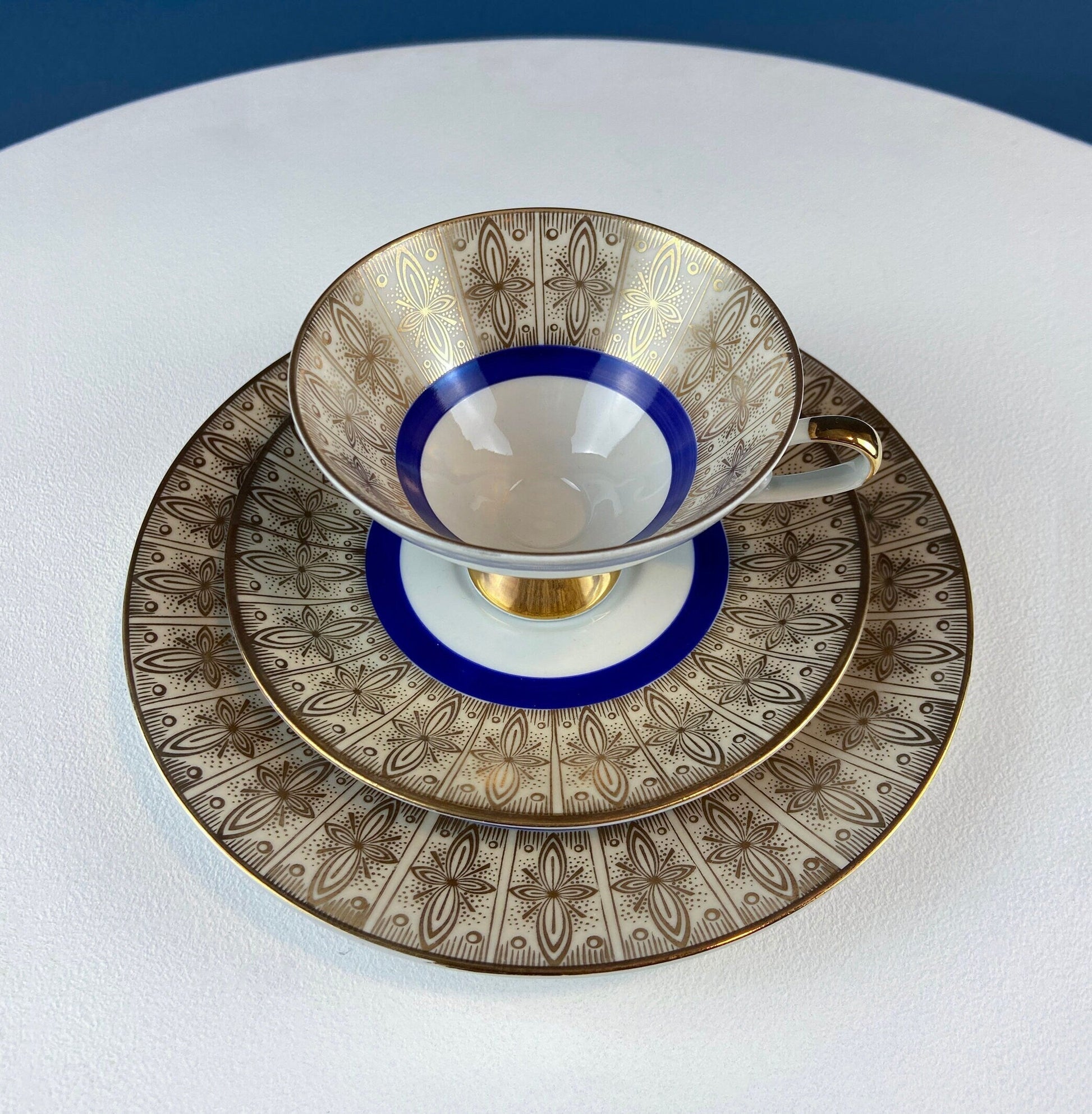 Vintage Paragon Cup and Saucer. Porcelain Tea Set. Lt Yellow with Dark Blue and Gold Bend. Rose Motif.  Excellent Gift Idea for Tea Lover. - Tampa Home & Garden Store