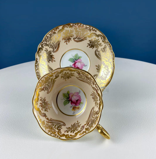 Vintage Paragon Peach Tea Coffee Cup & Saucer. Red Rose Motif and Gold Floral Border. Collectible Dining Room Decor. Gift for Him or Her. - Tampa Home & Garden Store
