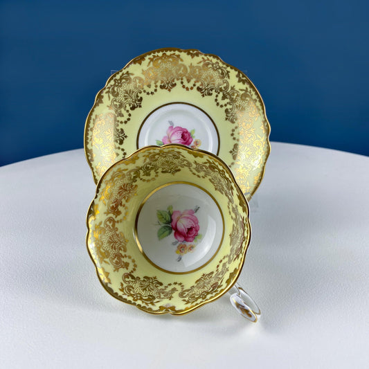 Vintage Paragon Yellow Tea Coffee Cup & Saucer. Red Rose Motif and Gold Floral Border. Collectible Dining Room Decor. Gift for Him Her. - Tampa Home & Garden Store