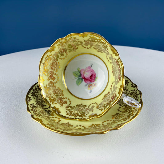 Vintage Paragon Yellow Tea Coffee Cup & Saucer. Red Rose Motif and Gold Floral Border. Collectible Dining Room Decor. Gift for Him Her. - Tampa Home & Garden Store