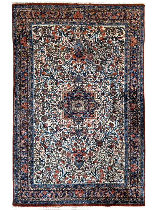 Vintage Persian Sarouk Wool Rug – 4’4” x 6’6” – Hand-Knotted Floral Medallion Design - Tampa Home & Garden Store