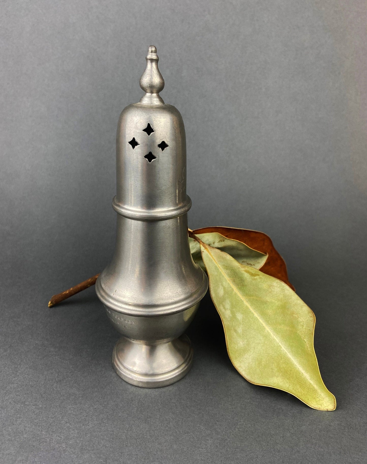 Vintage Pewter Sugar and Cinnamon Shaker. Reed and Barton Muffineer. Subscribed with "Ladies Doubles Runner Up." - Tampa Home & Garden Store