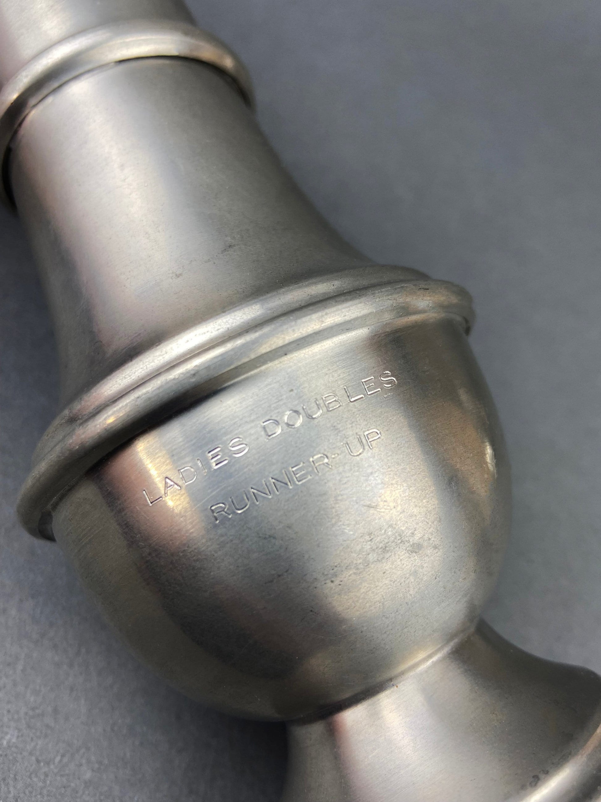 Vintage Pewter Sugar and Cinnamon Shaker. Reed and Barton Muffineer. Subscribed with "Ladies Doubles Runner Up." - Tampa Home & Garden Store