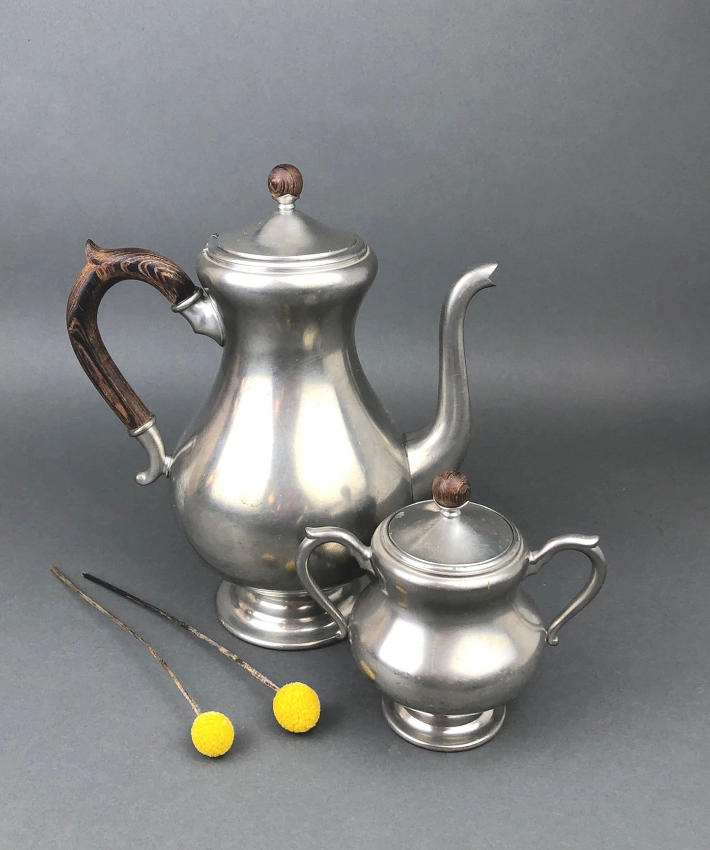Vintage Pewter Tea Pot / Coffee Pot and Sugar Bowl with Lid, Wooden Handle and Knob.   Royal Holland Pewter. KMD, Tiel. Photo / Video Props. - Tampa Home & Garden Store