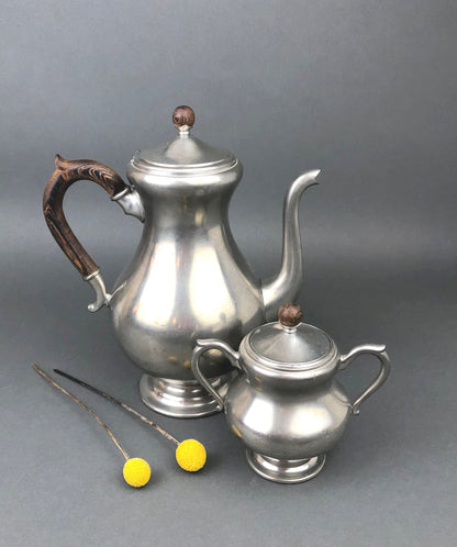 Vintage Pewter Tea Pot / Coffee Pot and Sugar Bowl with Lid, Wooden Handle and Knob.   Royal Holland Pewter. KMD, Tiel. Photo / Video Props. - Tampa Home & Garden Store