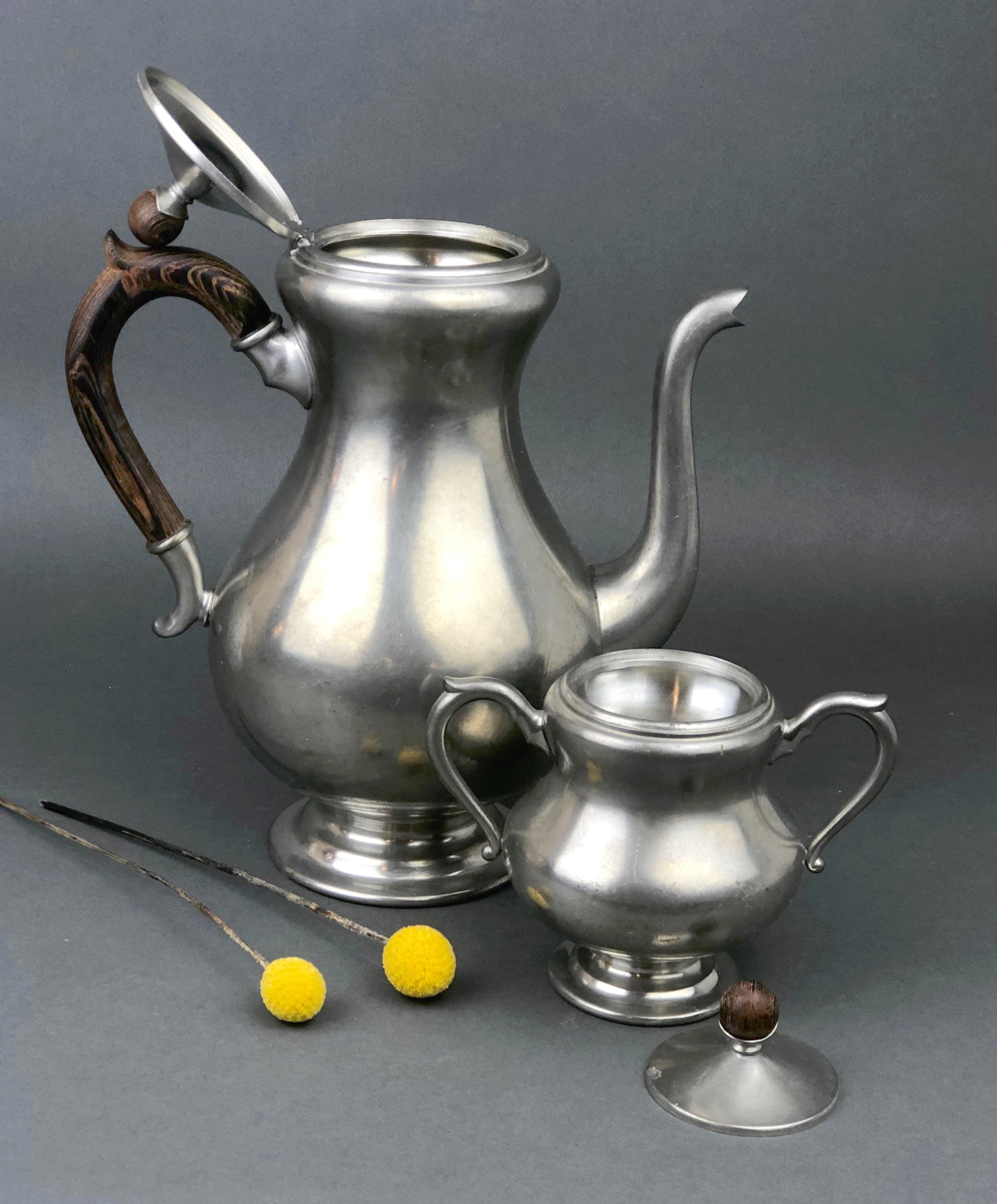 Vintage Pewter Tea Pot / Coffee Pot and Sugar Bowl with Lid, Wooden Handle and Knob.   Royal Holland Pewter. KMD, Tiel. Photo / Video Props. - Tampa Home & Garden Store