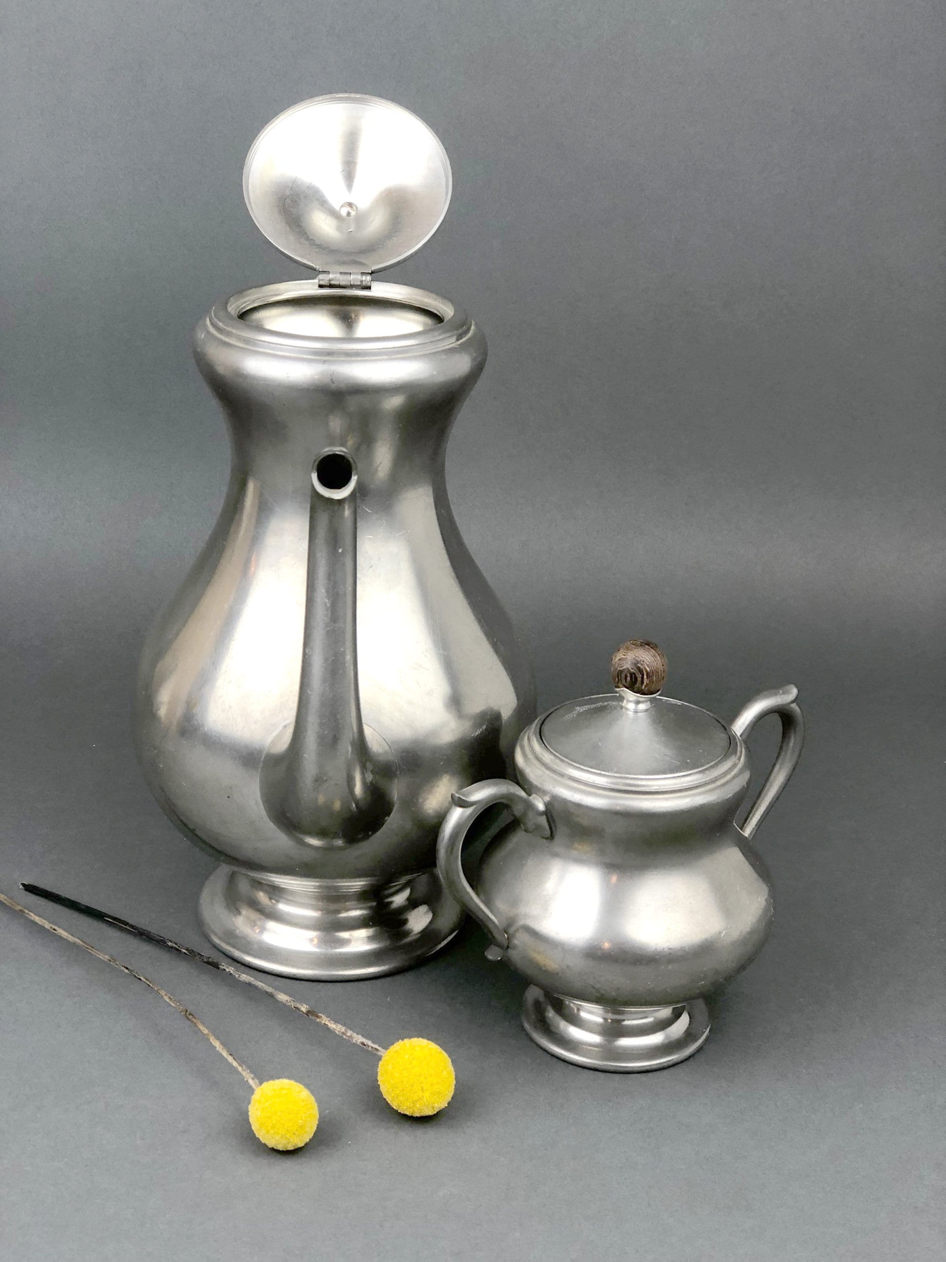 Vintage Pewter Tea Pot / Coffee Pot and Sugar Bowl with Lid, Wooden Handle and Knob.   Royal Holland Pewter. KMD, Tiel. Photo / Video Props. - Tampa Home & Garden Store