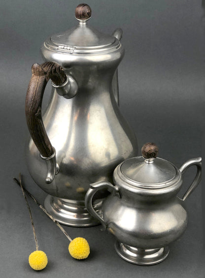 Vintage Pewter Tea Pot / Coffee Pot and Sugar Bowl with Lid, Wooden Handle and Knob.   Royal Holland Pewter. KMD, Tiel. Photo / Video Props. - Tampa Home & Garden Store