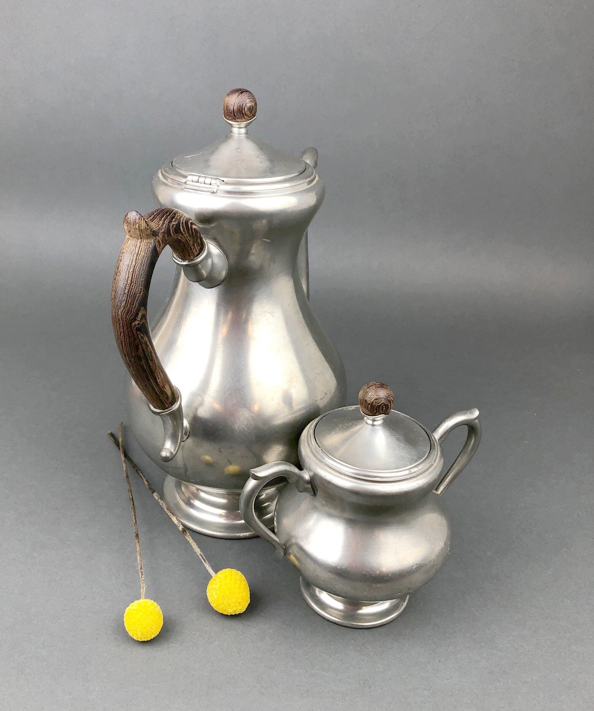 Vintage Pewter Tea Pot / Coffee Pot and Sugar Bowl with Lid, Wooden Handle and Knob.   Royal Holland Pewter. KMD, Tiel. Photo / Video Props. - Tampa Home & Garden Store