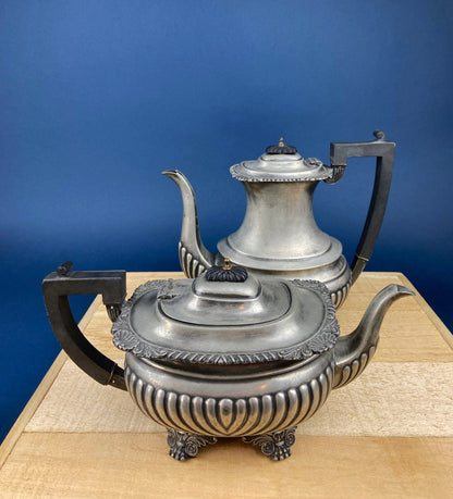 Vintage Pewter Teapot and Coffee Pot. Set of Two Beautifully Detailed Serving Pots. Fluted Body. Made in England. Pewter Collectors. - Tampa Home & Garden Store