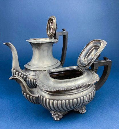 Vintage Pewter Teapot and Coffee Pot. Set of Two Beautifully Detailed Serving Pots. Fluted Body. Made in England. Pewter Collectors. - Tampa Home & Garden Store