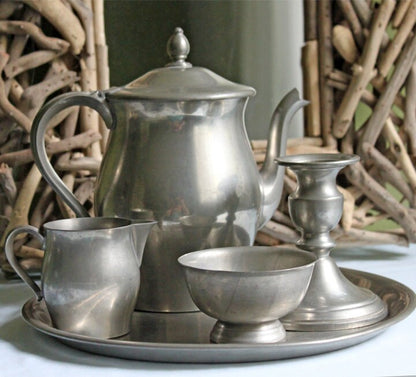 Vintage Pewter Teapot and Coffee Pot. Set of Two Beautifully Detailed Serving Pots. Fluted Body. Made in England. Pewter Collectors. - Tampa Home & Garden Store