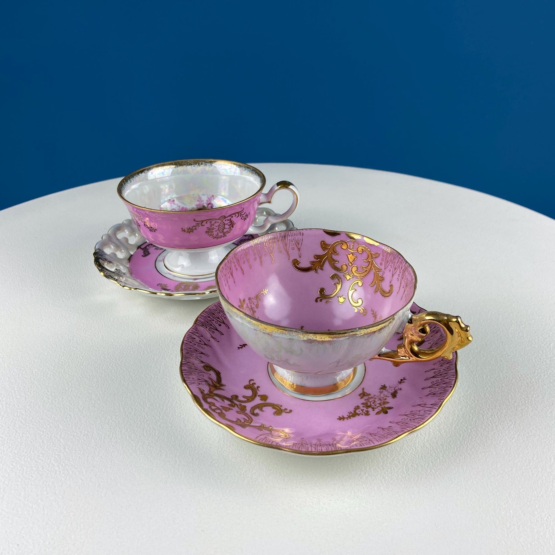 Vintage Pink Tea Cups and Saucers with  Gold Accents. Set of 2 Cups. Different Motifs. Hand Painted Fruit. Gift for Couple. Tea Lovers. - Tampa Home & Garden Store