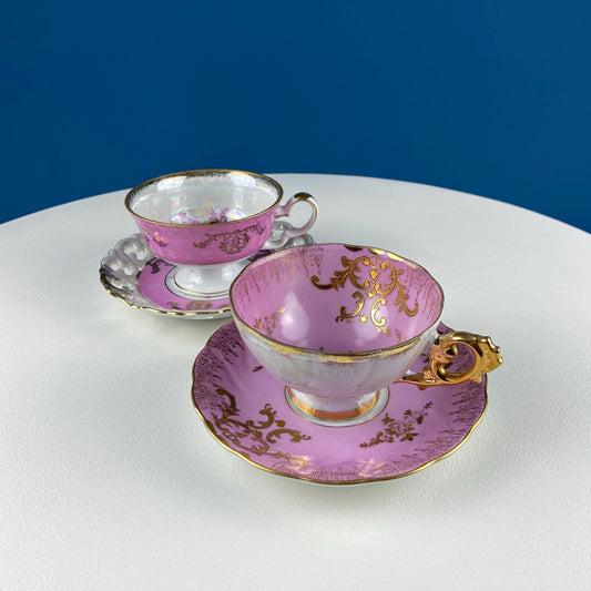 Vintage Pink Tea Cups and Saucers with  Gold Accents. Set of 2 Cups. Different Motifs. Hand Painted Fruit. Gift for Couple. Tea Lovers. - Tampa Home & Garden Store
