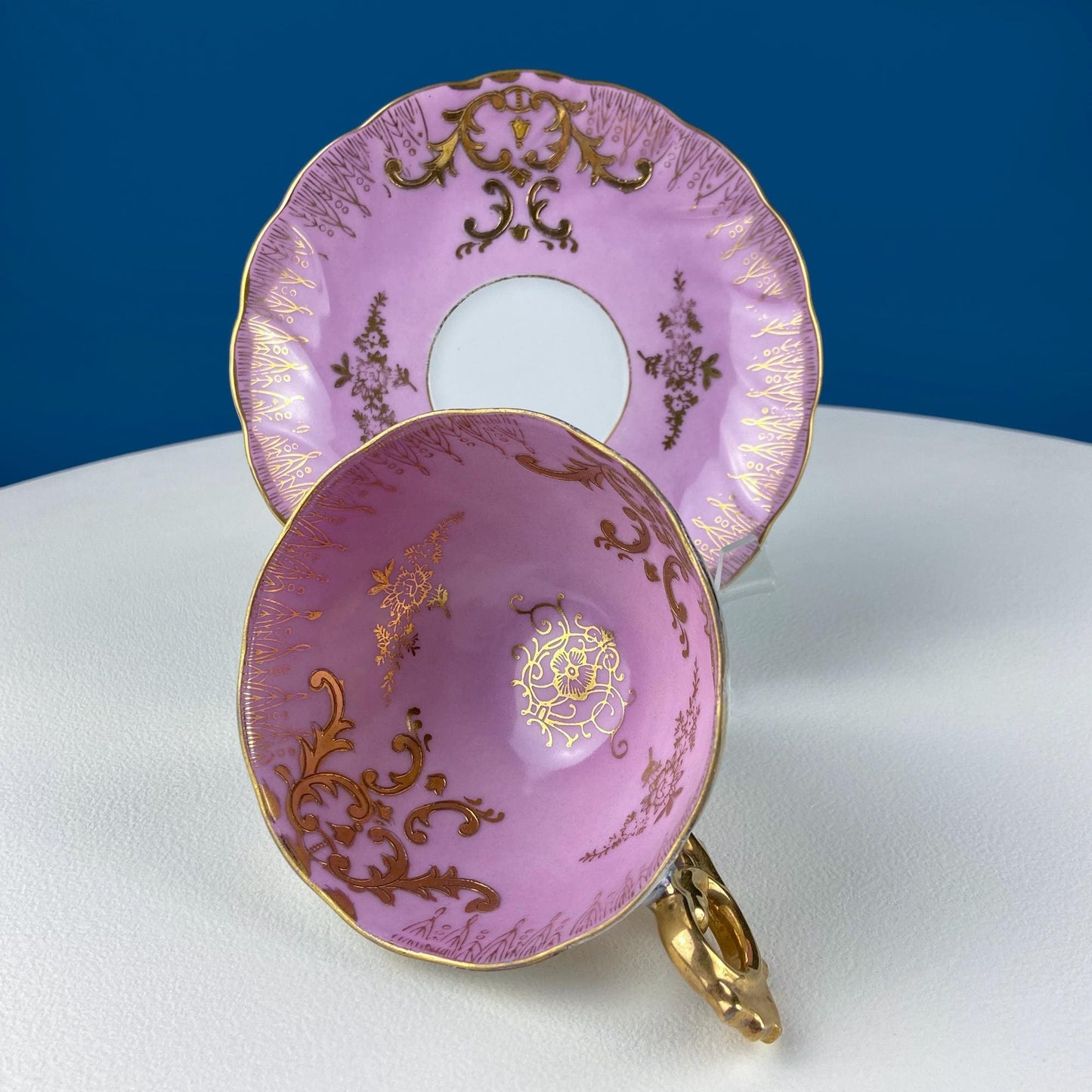 Vintage Pink Tea Cups and Saucers with  Gold Accents. Set of 2 Cups. Different Motifs. Hand Painted Fruit. Gift for Couple. Tea Lovers. - Tampa Home & Garden Store