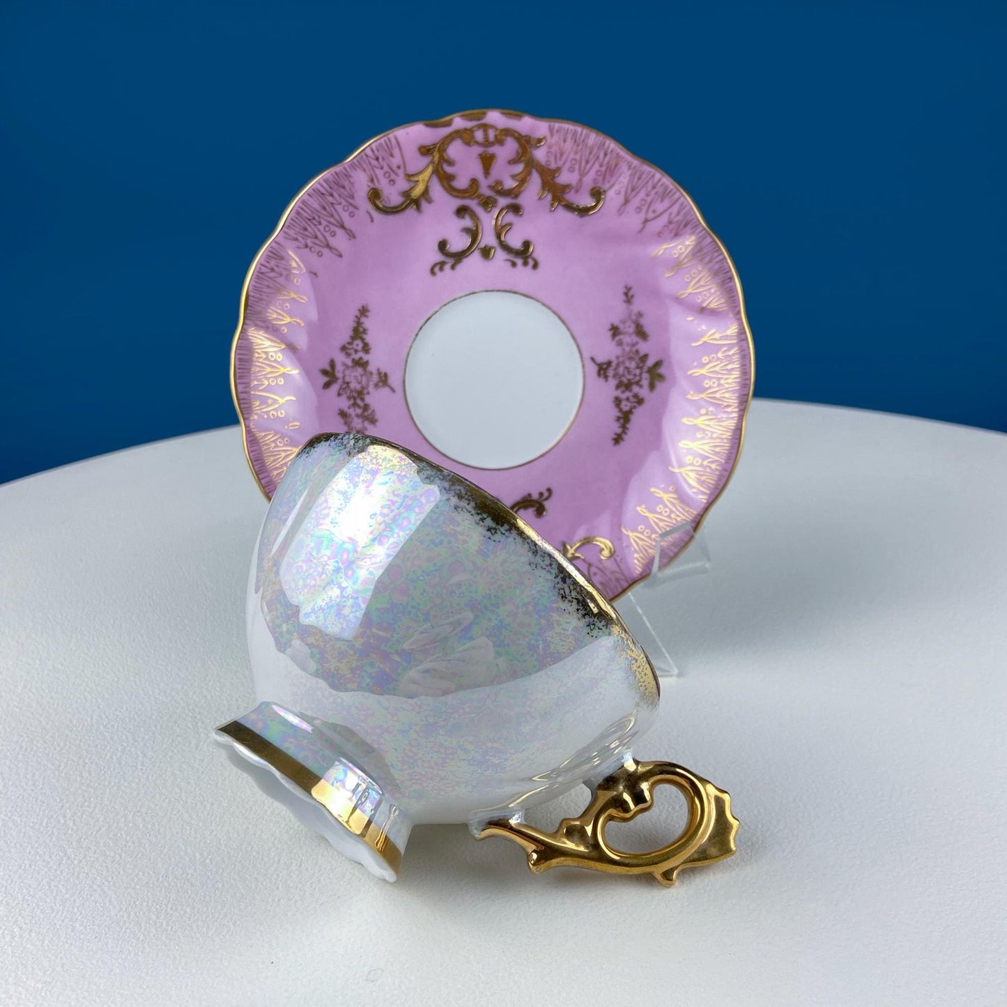Vintage Pink Tea Cups and Saucers with  Gold Accents. Set of 2 Cups. Different Motifs. Hand Painted Fruit. Gift for Couple. Tea Lovers. - Tampa Home & Garden Store