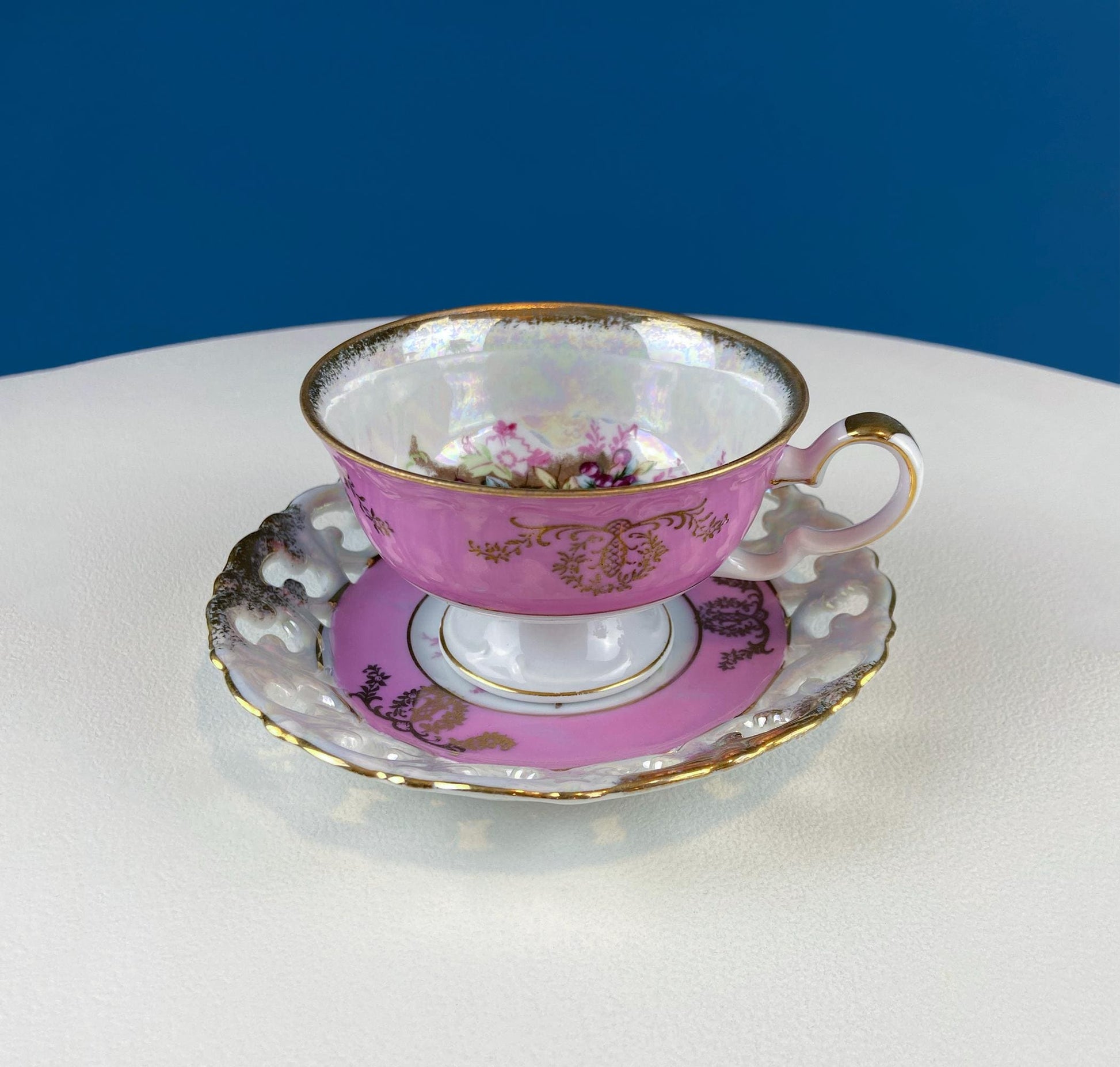 Vintage Pink Tea Cups and Saucers with  Gold Accents. Set of 2 Cups. Different Motifs. Hand Painted Fruit. Gift for Couple. Tea Lovers. - Tampa Home & Garden Store