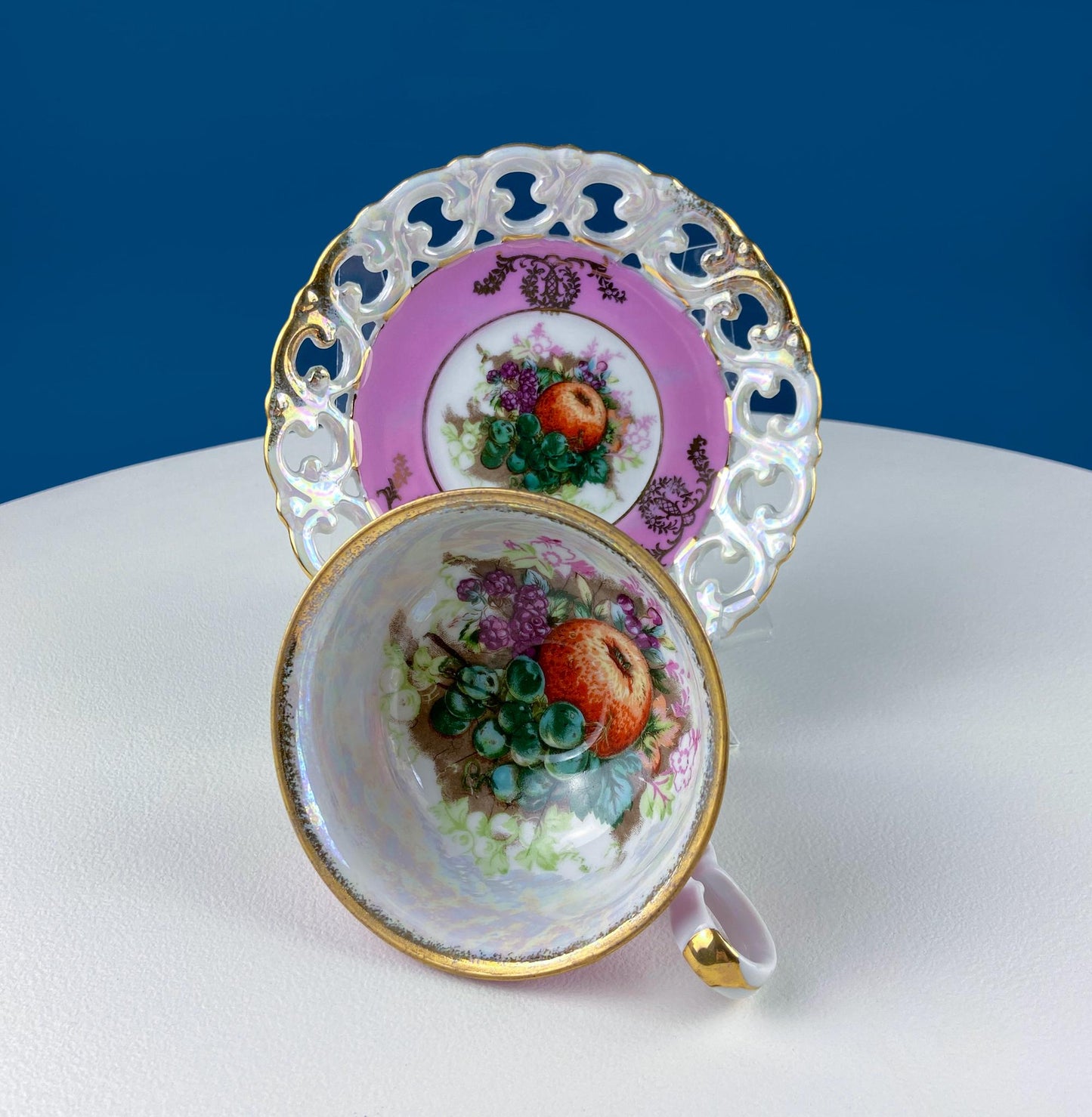 Vintage Pink Tea Cups and Saucers with  Gold Accents. Set of 2 Cups. Different Motifs. Hand Painted Fruit. Gift for Couple. Tea Lovers. - Tampa Home & Garden Store