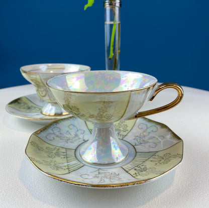 Vintage Pink Tea Cups and Saucers with  Gold Accents. Set of 2 Cups. Different Motifs. Hand Painted Fruit. Gift for Couple. Tea Lovers. - Tampa Home & Garden Store