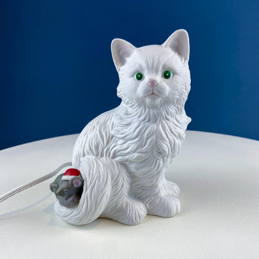 Vintage Porcelain Cat Shaped Table Top Lamp. White Kitty with Green Eyes & Sleeping Mouse. Night Light. Kids Room, Dorm, Home, Retail Decor - Tampa Home & Garden Store