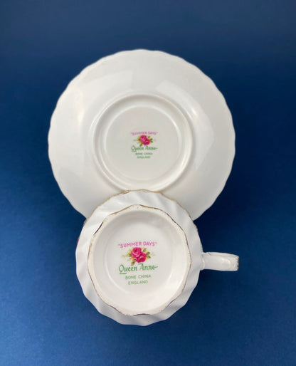 Vintage Queen Anne Bone China Porcelain Tea Cup and Saucer. Summer Days Design. Tea Party Hosting Essentials. Collectible Set. - Tampa Home & Garden Store