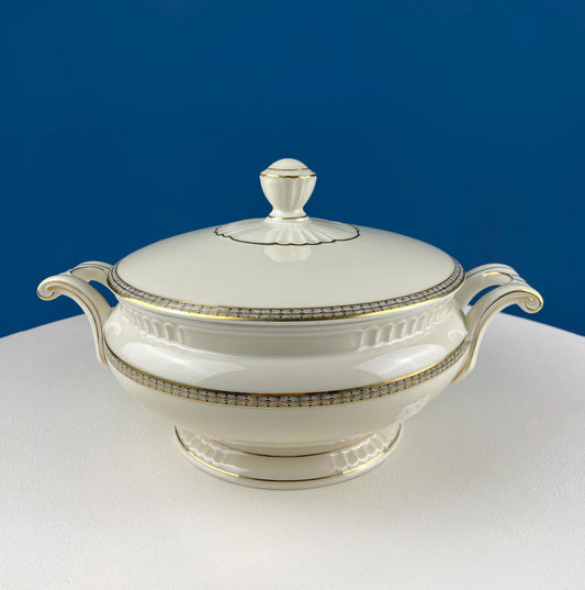 Vintage Round Porcelain Tureen. Classic Minimal Design. Soup Serving Dish with Gold/Black Motif. Dining Room Decor. Table Centerpiece. - Tampa Home & Garden Store