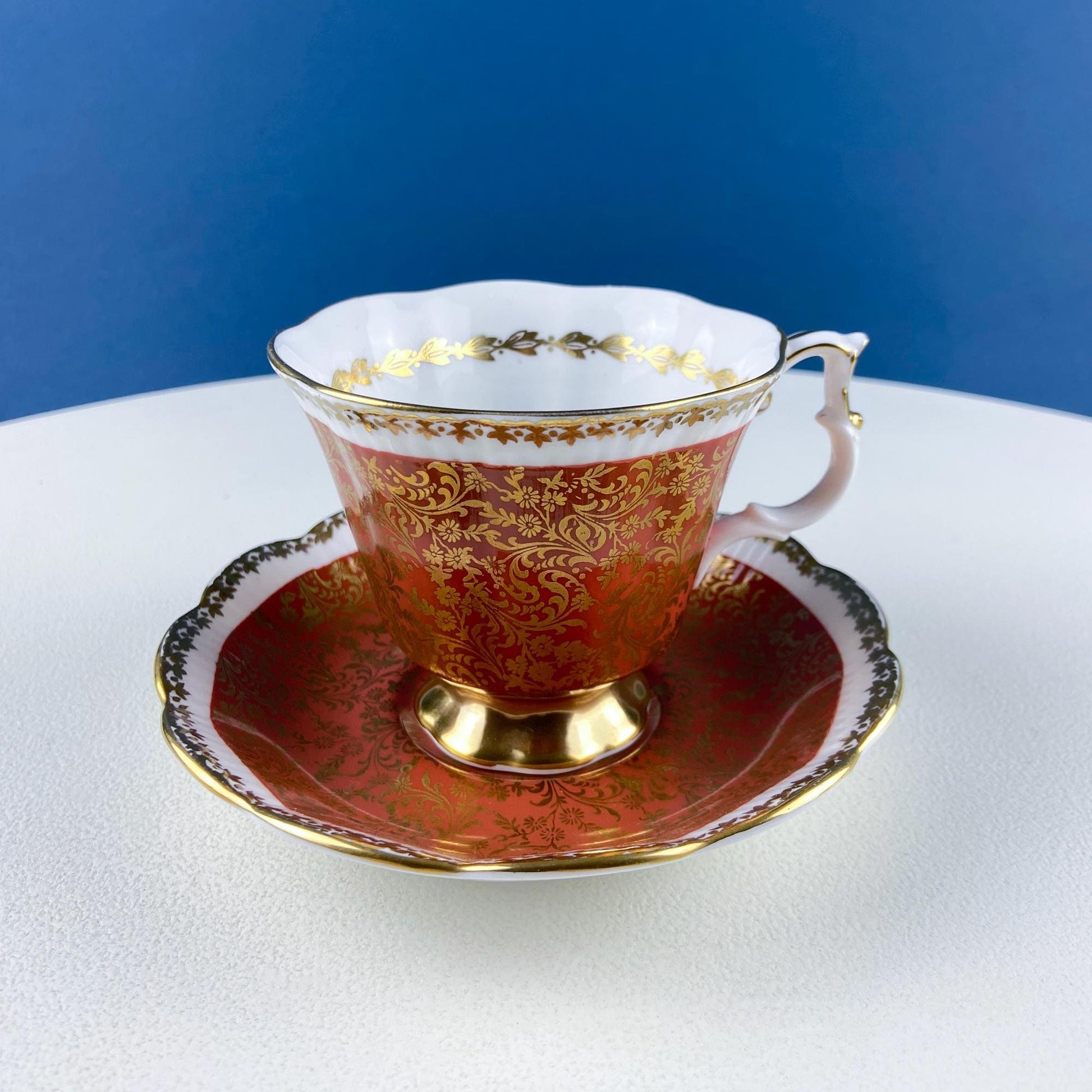 Vintage Royal Albert Brown & Gold Tea Coffee Cup and Saucer. All Over Flower Motif. Gold Leaf Border.  Buckingham Series. Hosting Essentials - Tampa Home & Garden Store
