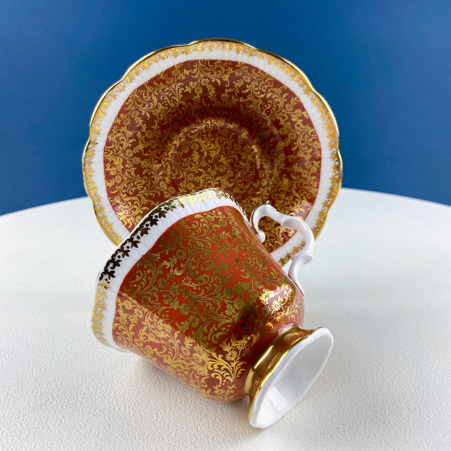 Vintage Royal Albert Brown & Gold Tea Coffee Cup and Saucer. All Over Flower Motif. Gold Leaf Border.  Buckingham Series. Hosting Essentials - Tampa Home & Garden Store