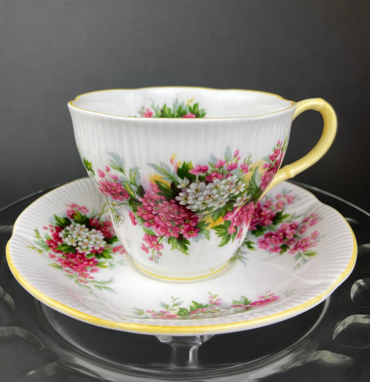 Vintage Royal Albert Cup and Saucer.  Blossom Time Series, Hawthorn. Yellow Handle and Rims. - Tampa Home & Garden Store