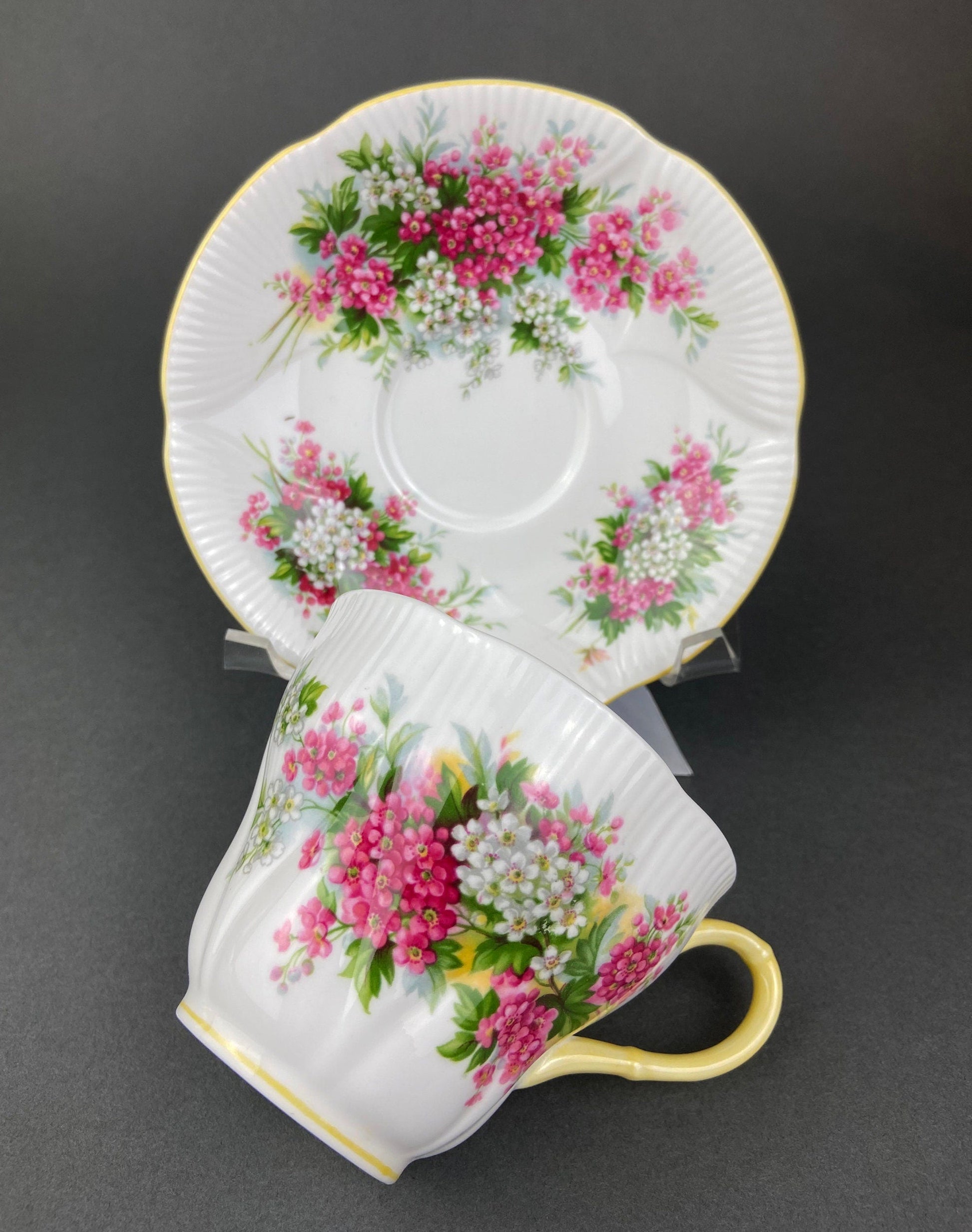 Vintage Royal Albert Cup and Saucer.  Blossom Time Series, Hawthorn. Yellow Handle and Rims. - Tampa Home & Garden Store