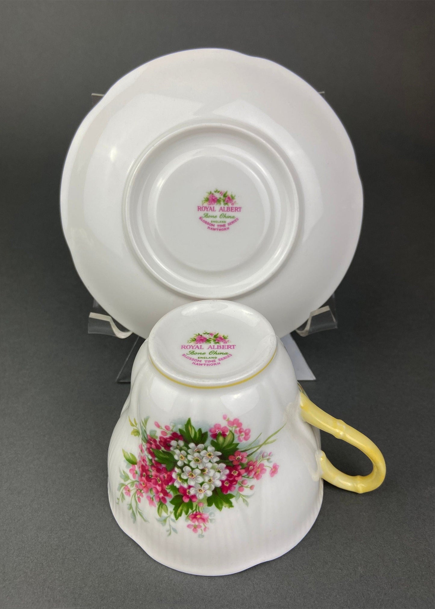 Vintage Royal Albert Cup and Saucer.  Blossom Time Series, Hawthorn. Yellow Handle and Rims. - Tampa Home & Garden Store