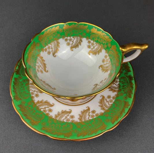 Vintage Royal Stafford Tea Cup and Saucer. Rare Green Coloring with Gold Filigree Motif.  Made in England. - Tampa Home & Garden Store