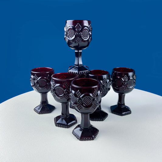 Vintage Ruby Red Avon Cape Cod Dessert Wine Goblets. Set of 7 Glasses. Pressed Glass Roman Rosette Pattern. Barware. Dining Room Table Decor - Tampa Home & Garden Store