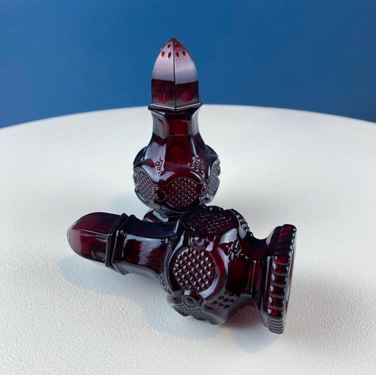 Vintage Ruby Red Avon Cape Cod salt and Pepper Shakers. Pressed Glass Roman Rosette Pattern. Table Dining Room Decor. Gift for Him Her. - Tampa Home & Garden Store