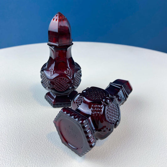 Vintage Ruby Red Avon Cape Cod salt and Pepper Shakers. Pressed Glass Roman Rosette Pattern. Table Dining Room Decor. Gift for Him Her. - Tampa Home & Garden Store