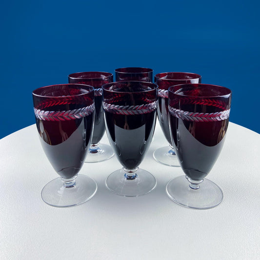 Vintage Ruby Red Bohemian Crystal Wine Water Goblets. Red to Clear with Engraved Laurel Wreath Band.  Set of Six Stemware. Dining Room Decor - Tampa Home & Garden Store