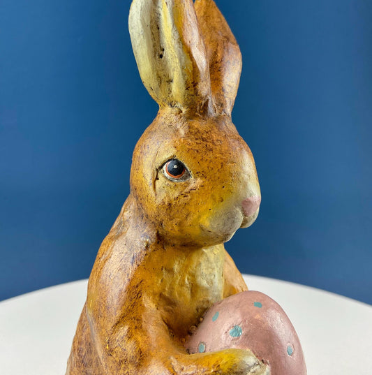 Vintage Rustic Brown Bunny with Pink Egg Figurine. Easter Display. Spring Celebration. Modern Farmhouse. Kids Room. Dining Table Room Decor. - Tampa Home & Garden Store