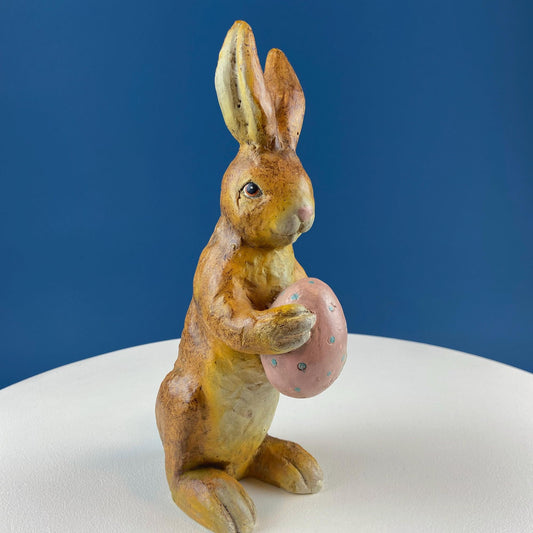 Vintage Rustic Brown Bunny with Pink Egg Figurine. Easter Display. Spring Celebration. Modern Farmhouse. Kids Room. Dining Table Room Decor. - Tampa Home & Garden Store