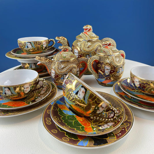 Vintage Satsuma Moriage Japanese Gold Dragon Tea Set. 4 Cups & Saucers. 3 D Dragons. Gift for Tea Connoisseur Collector. Asian Home Decor. - Tampa Home & Garden Store