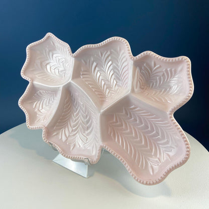 Vintage Shell Pink Jeanette Milk Glass Divided Serving Platter. Stunning 3-d Feather Motif. 6 Section Bowl.  Appetizers Condiments Fruit. - Tampa Home & Garden Store