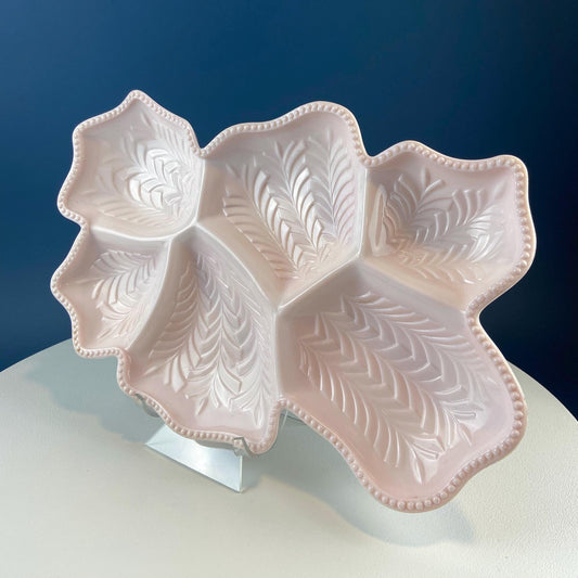Vintage Shell Pink Jeanette Milk Glass Divided Serving Platter. Stunning 3-d Feather Motif. 6 Section Bowl.  Appetizers Condiments Fruit. - Tampa Home & Garden Store