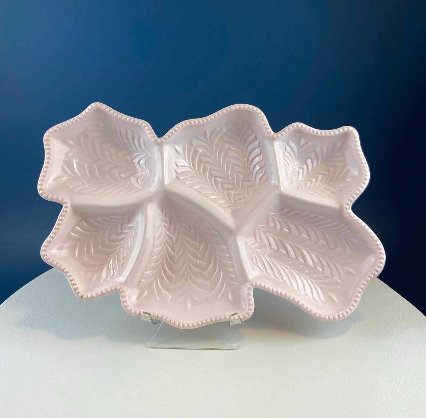 Vintage Shell Pink Jeanette Milk Glass Divided Serving Platter. Stunning 3-d Feather Motif. 6 Section Bowl.  Appetizers Condiments Fruit. - Tampa Home & Garden Store