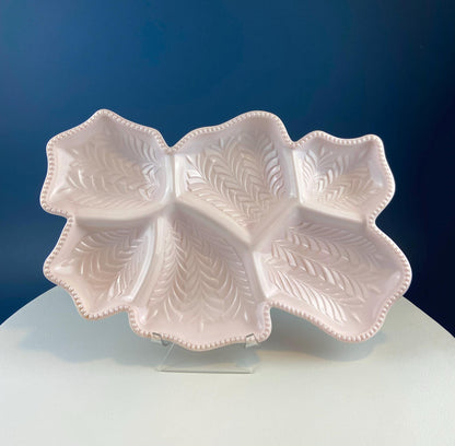 Vintage Shell Pink Jeanette Milk Glass Divided Serving Platter. Stunning 3-d Feather Motif. 6 Section Bowl.  Appetizers Condiments Fruit. - Tampa Home & Garden Store