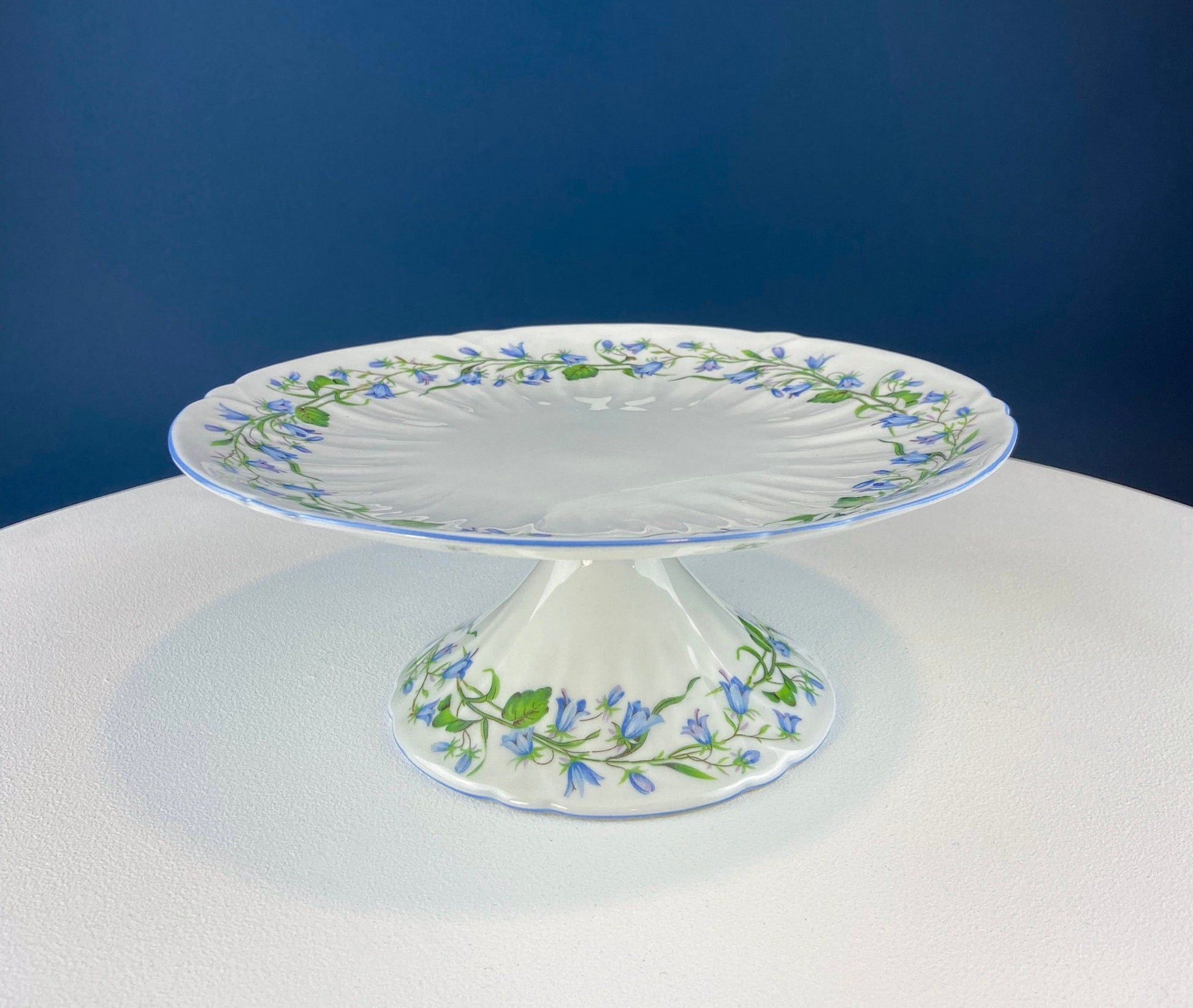 Vintage Shelley Footed Cake Stand. Hand Painted Porcelain Collectible Cake Serving Stand. Blue Bell Motif. Wedding Gift. - Tampa Home & Garden Store