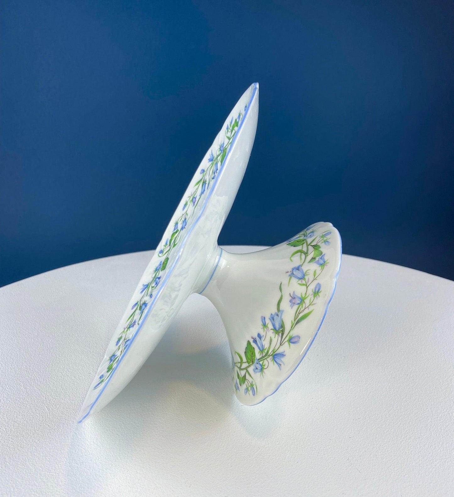Vintage Shelley Footed Cake Stand. Hand Painted Porcelain Collectible Cake Serving Stand. Blue Bell Motif. Wedding Gift. - Tampa Home & Garden Store