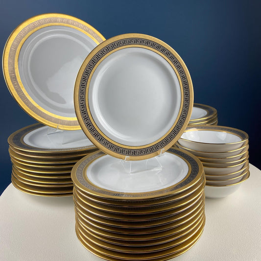 Vintage Sheng Xing Porcelain Dinnerware Set: White, Gold & Platinum Greek Motif - Tampa Home & Garden Store